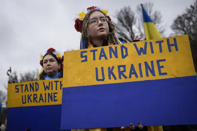 Supporters of Ukraine and members of the Ukrainian community hold a rally to mark the one-year anniversary of Russia's invasion of Ukraine