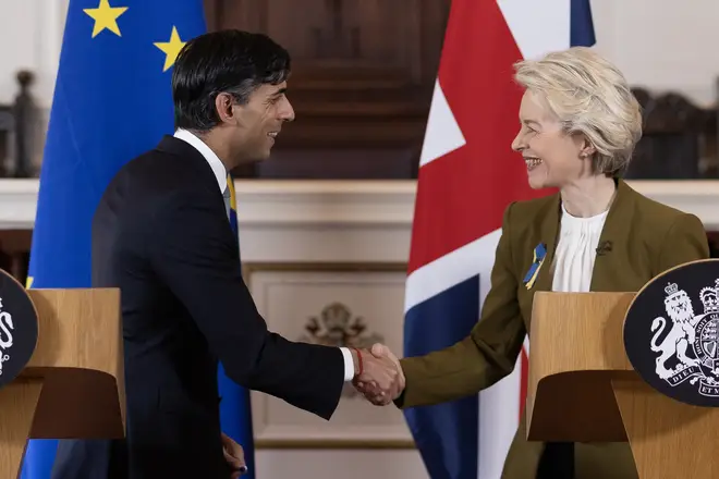 Rishi Sunak and EU Commission President Ursula von der Leyen shake hands as they hold a press conference at Windsor Guildhall on February 27, 2023 in Windsor, England.