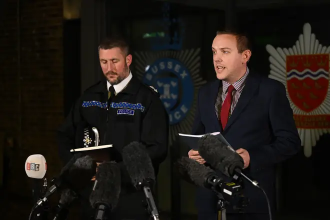 Met Police Detective Superintendent Lewis Basford (R) and Sussex Police Chief Superintendent James Collis (L) speak to the media during the press conference on Tuesday.