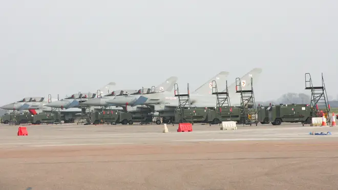 Eurofighter Typhoon jets are pictured at RAF Coningsby