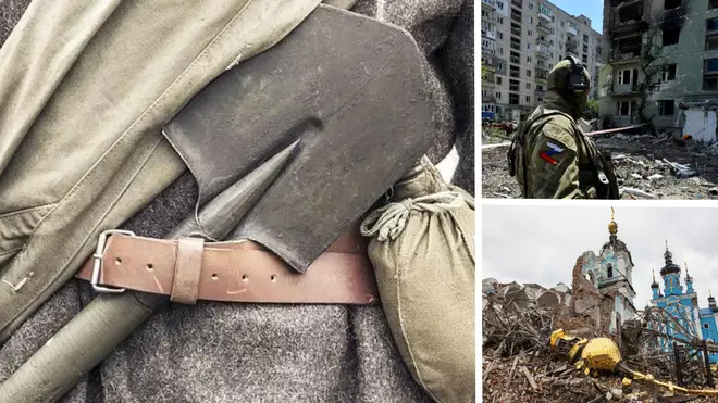 Russian soldiers are using shovels