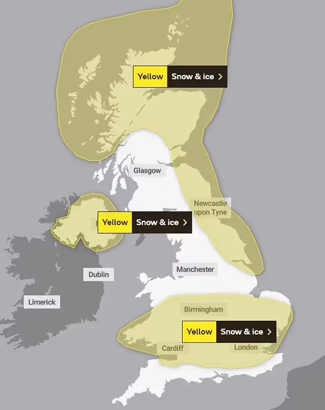 The Met Office's snow and ice warnings covered much of England, Scotland and Wales