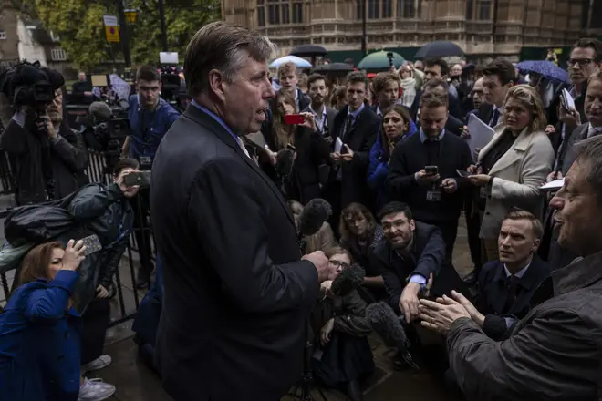 Sir Graham Brady, speaks to the press following the resignation of Liz Truss as Prime Minister Of The United Kingdom on October 20, 2022 in London, England.