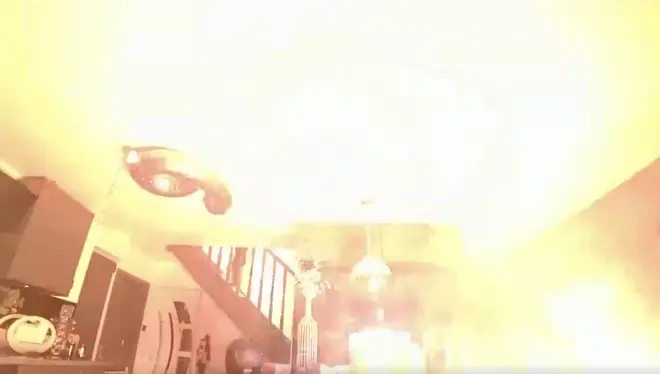 The house is engulfed in flames in shocking footage