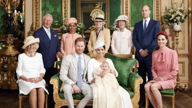 Duke and Duchess of Sussex with their son Archie and members of their extended families after his christening at Windsor Castle.