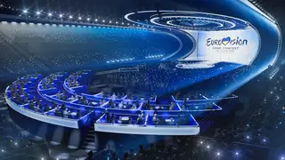 A computer-generated image of how the 2023 Eurovision Song Contest stage will look