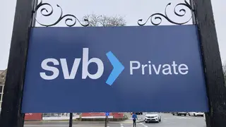A Silicon Valley Bank sign is shown (Peter Morgan/AP)