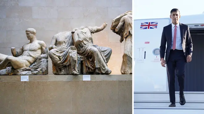 Rishi Sunak (r) arriving in California vows the Elgin Marbles will not return permanently to Greece (l)