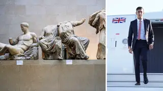 Rishi Sunak (r) arriving in California vows the Elgin Marbles will not return permanently to Greece (l)