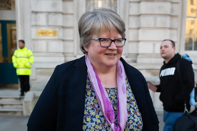 Therese Coffey seen outside the Cabinet Office in London...
