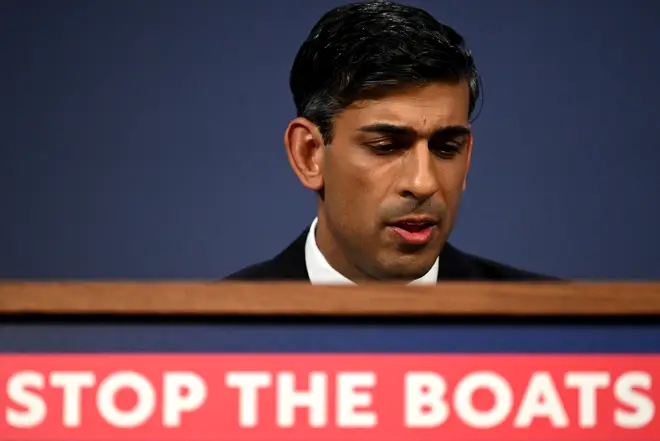 PM Rishi Sunak speaks during a press conference following the launch of new legislation on migrant channel crossings at Downing Street on March 7, 2023 in London, United Kingdom.
