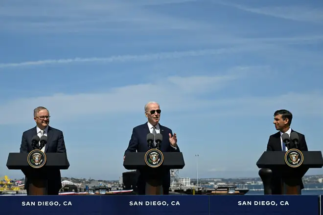 Joe Biden (C), Rishi Sunak (R) and Australian Prime Minister Anthony Albanese (L) hold a press conference during the AUKUS summit on March 13, 2023, at Naval Base Point Loma in San Diego California.