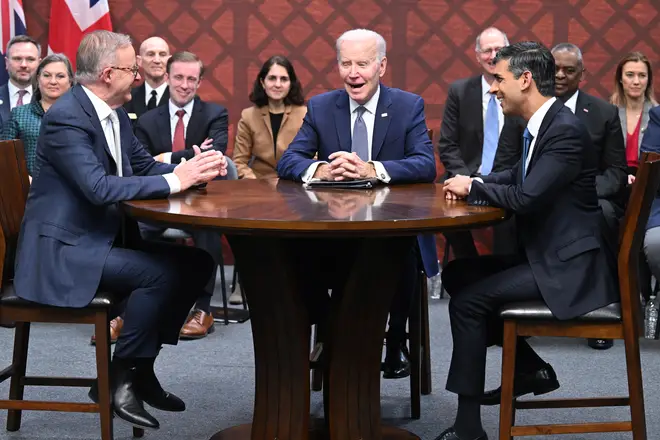 President Biden hosted Mr Sunak and Mr Albanese in San Diego to discuss the procurement of nuclear-powered submarines under a pact between the three nations. (Photo by Leon Neal/Getty Images)