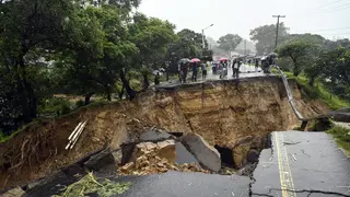 A road connecting the two cities of Blantyre and Lilongwe is seen damaged following heavy rains caused by Tropical Cyclone Freddy in Blantyre, Malawi