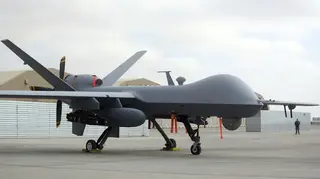 A US MQ-9 drone on display during an air show at Kandahar Airfield, Afghanistan, in 2018