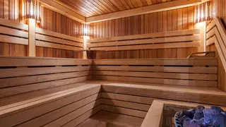 Stock image of a wooden sauna