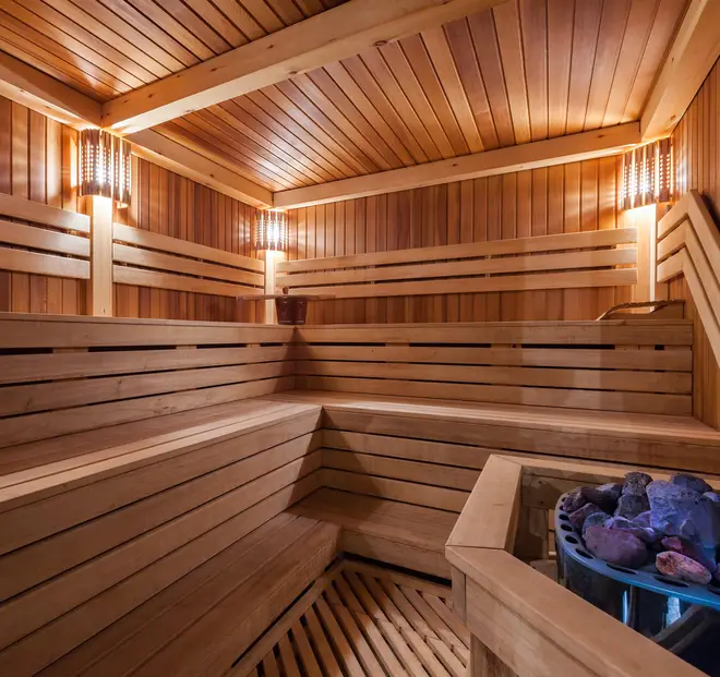 Stock image of a wooden sauna