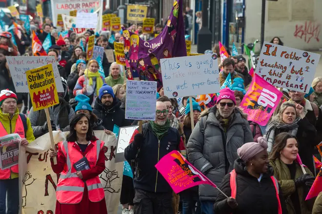 Striking Teachers march from Islington Green for a rally at the town hall on March 2, 2023 in London, England.