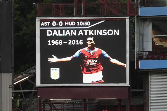 A tribute for Dalian Atkinson is seen on the screen inside the stadium during the Sky Bet Championship match between Aston Villa and Huddersfield Town