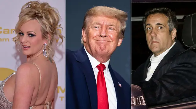 Donald Trump alongside his lawyer and Stormy Daniels