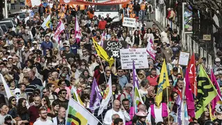 Protesters march during a rally in Bayonne, southwestern France, on Thursday