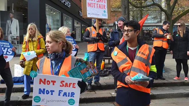 Junior doctors striking and protesting with banners