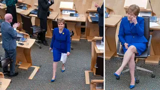 Nicola Sturgeon wipes away tear (r) and leaving Scottish Assembly for the final time