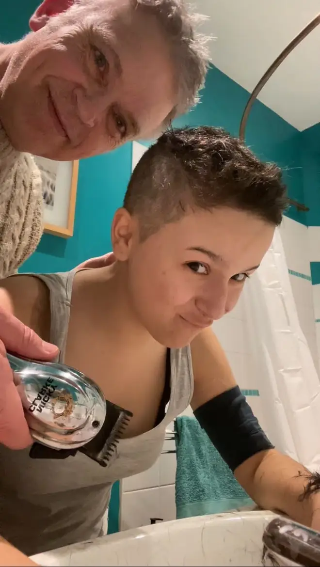 Lara’s father shaved her hair off this week as it started to come out