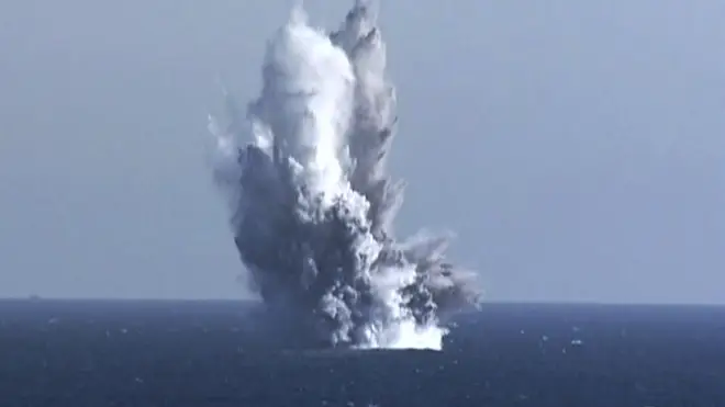 A purported underwater blast of a test warhead loaded to an unmanned underwater nuclear attack craft during an exercise around Hongwon Bay in waters off North Korea’s eastern coast