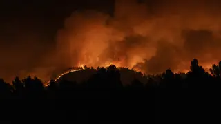 A forest fire burns in the hills near Villanueva de Viver, Spain, in the early hours of Friday March 24 2023