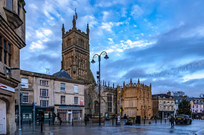View of St John Baptist from the streets, Cirencester, Gloucestershire, England, UK.