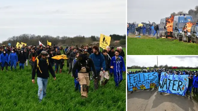 A protester is in a critical condition and 16 officers have been injured as police clash with thousands of people opposing plans for a new water reservoir in France.