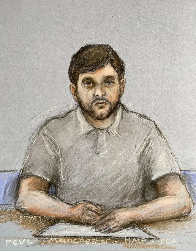 Thomas Cashman, sketched at an earlier hearing, denies Olivia's murder