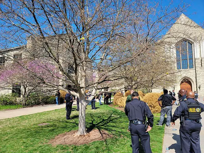 This photo provided by the Metro Nashville Police Department shows officers at an active shooter event that took place at Covenant School, Covenant Presbyterian Church, in Nashville