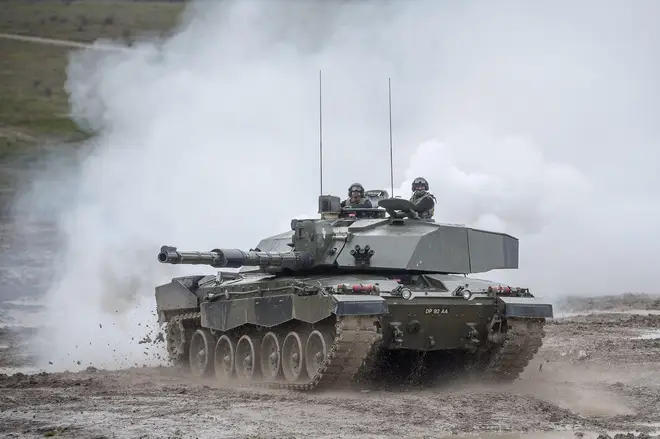 A Challenger II Main Battle Tank on exercise in Wiltshire