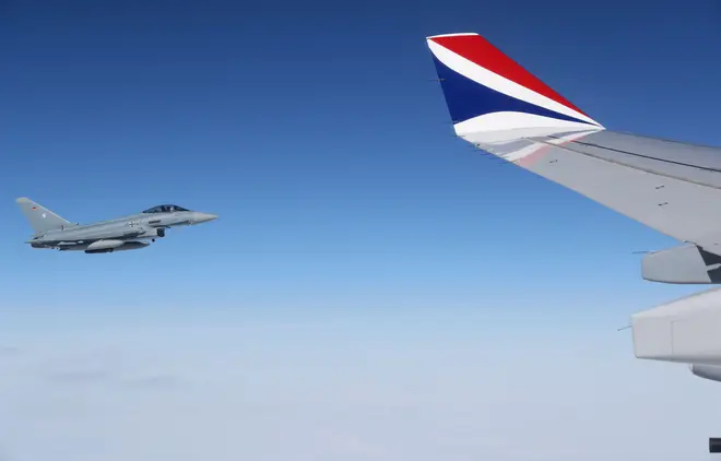 The Royals' plane was given a fighter jet escort