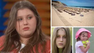 Julia Wendell on Dr Phil (l). A beach like her first childhood memory (top r). Bottom right Julia as a child and Madeleine McCann