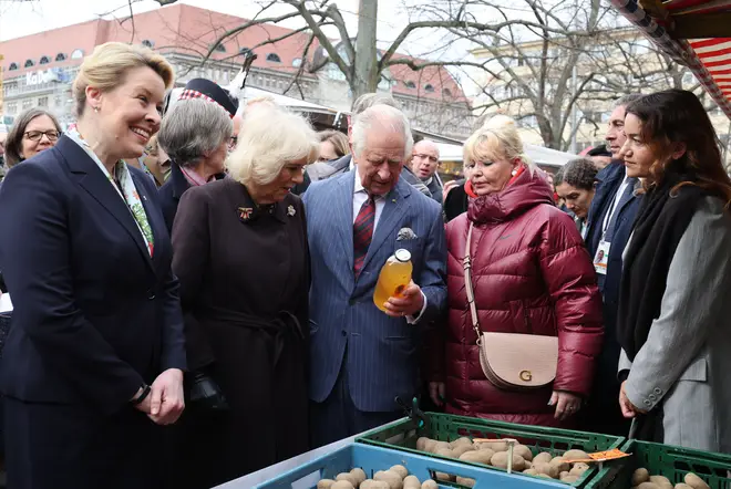 King Charles visited a market as part of his trip to Germany
