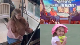 Julia Wendell playing piano (l) on Dr Phil (top r) and Madeleine McCann (bottom r)