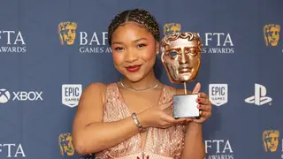 Laya DeLeon Hayes with the performer in a supporting role award for their performance as Angrbooa in God Of War Ragnarok at the Bafta Games Awards at the Queen Elizabeth Hall, Southbank Centre, London