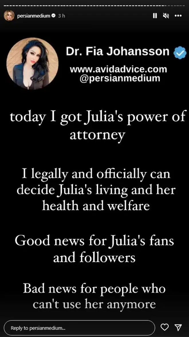 Dr Fia Johansson announcing she has power of attorney for Julia Wendell
