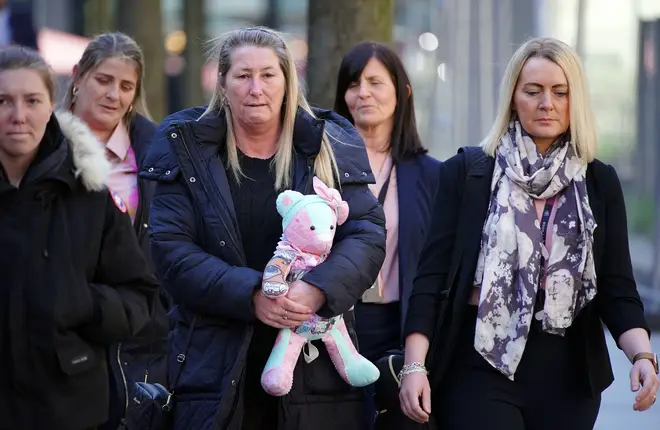 Cheryl Korbel, (centre) mother of nine-year-old Olivia Pratt-Korbel, arrives at Manchester Crown Court on April 3, 2023