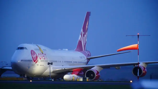 A Virgin Atlantic Boeing 747 carrying Virgin Orbit's LauncherOne rocket