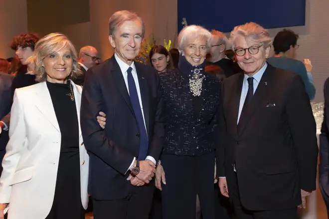 Helene Arnault, Bernard Arnault, Christine Lagarde and Thierry Breton attend the "Basquiat x Warhol. Painting Four Hands" opening at the Louis Vuitton Foundation