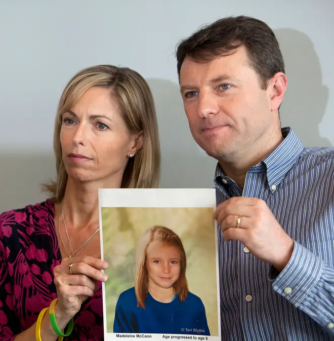 Kate and Gerry McCann with an age progressed impression of Madeleine in 2012 five years after she went missing