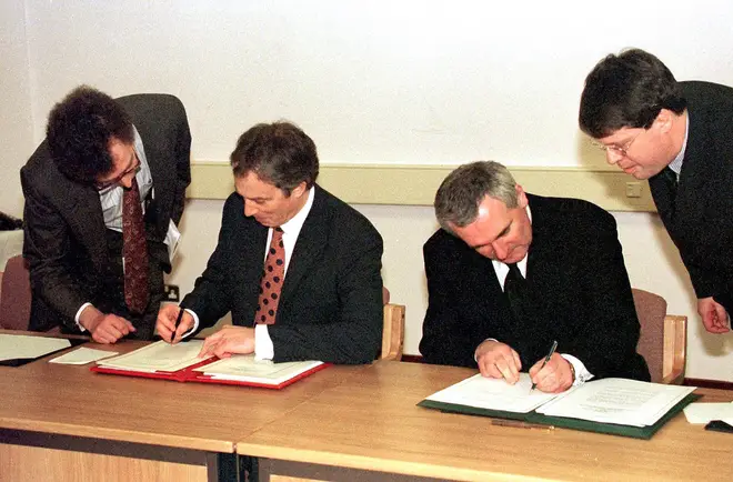 File photo dated 10/04/98 of then prime minister Tony Blair (left) and then Taoiseach Bertie Ahern signing the Good Friday peace agreement