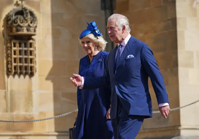 King Charles III and the Queen Consort attending the Easter Mattins Service at St George's Chapel at Windsor Castle in Berkshire. Picture date: Sunday April 9, 2023.