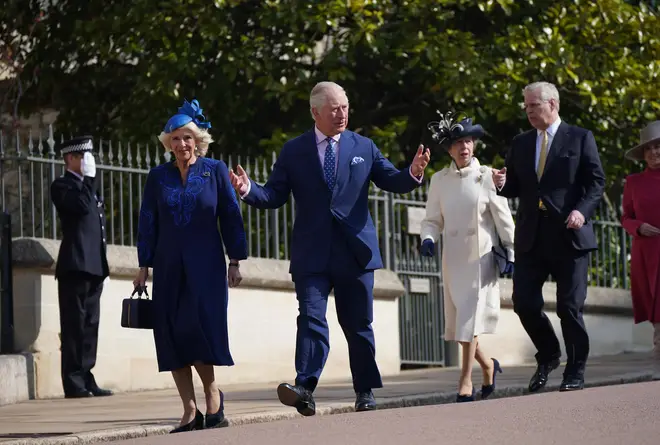 King Charles III and the Queen Consort with the Princess Royal (2nd right) and the Duke of York (right) attending the Easter Mattins Service at St George's Chapel at Windsor Castle in Berkshire. Picture date: Sunday April 9, 2023.