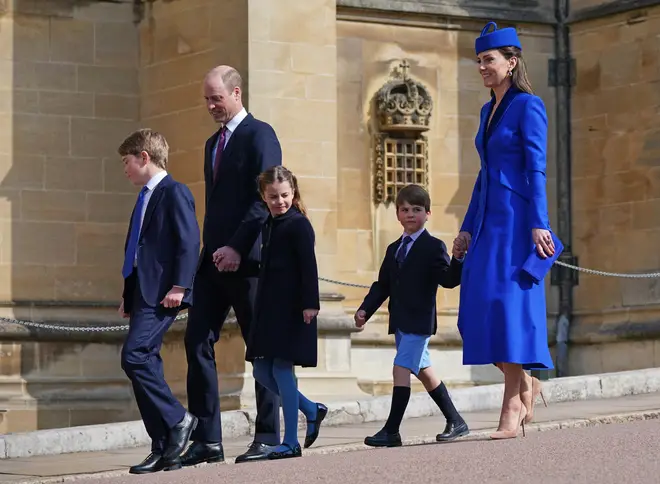The Prince and Princess of Wales with Prince George, Princess Charlotte and Prince Louis attending the Easter Mattins Service at St George's Chapel at Windsor Castle in Berkshire. Picture date: Sunday April 9, 2023.