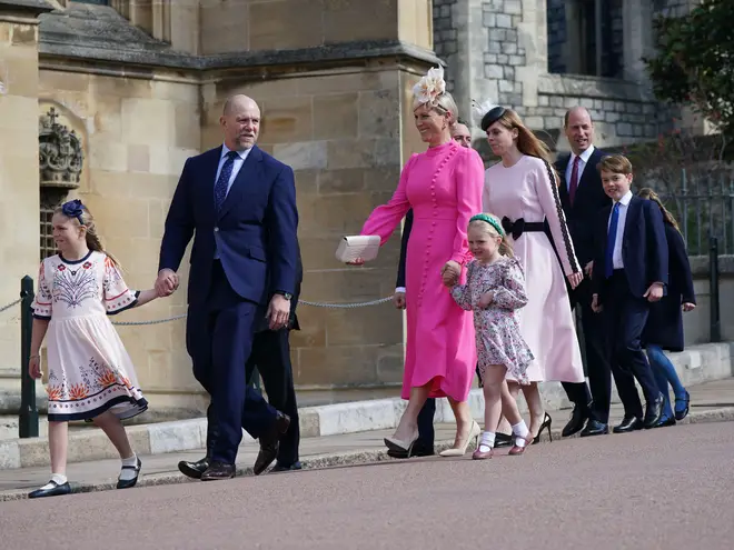Mike Tindall and Mia Tindall with Zara Tindall and Lena Tindall (front) attending the Easter Mattins Service at St George's Chapel at Windsor Castle in Berkshire. Picture date: Sunday April 9, 2023.